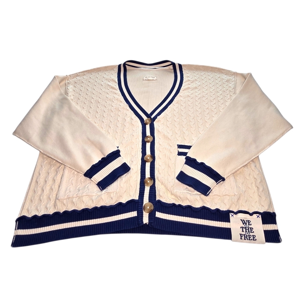 We The Free Varsity Cardigan Ecru Blue Cable Knit Oversized Collegiate S NWOT - Picture 5 of 15